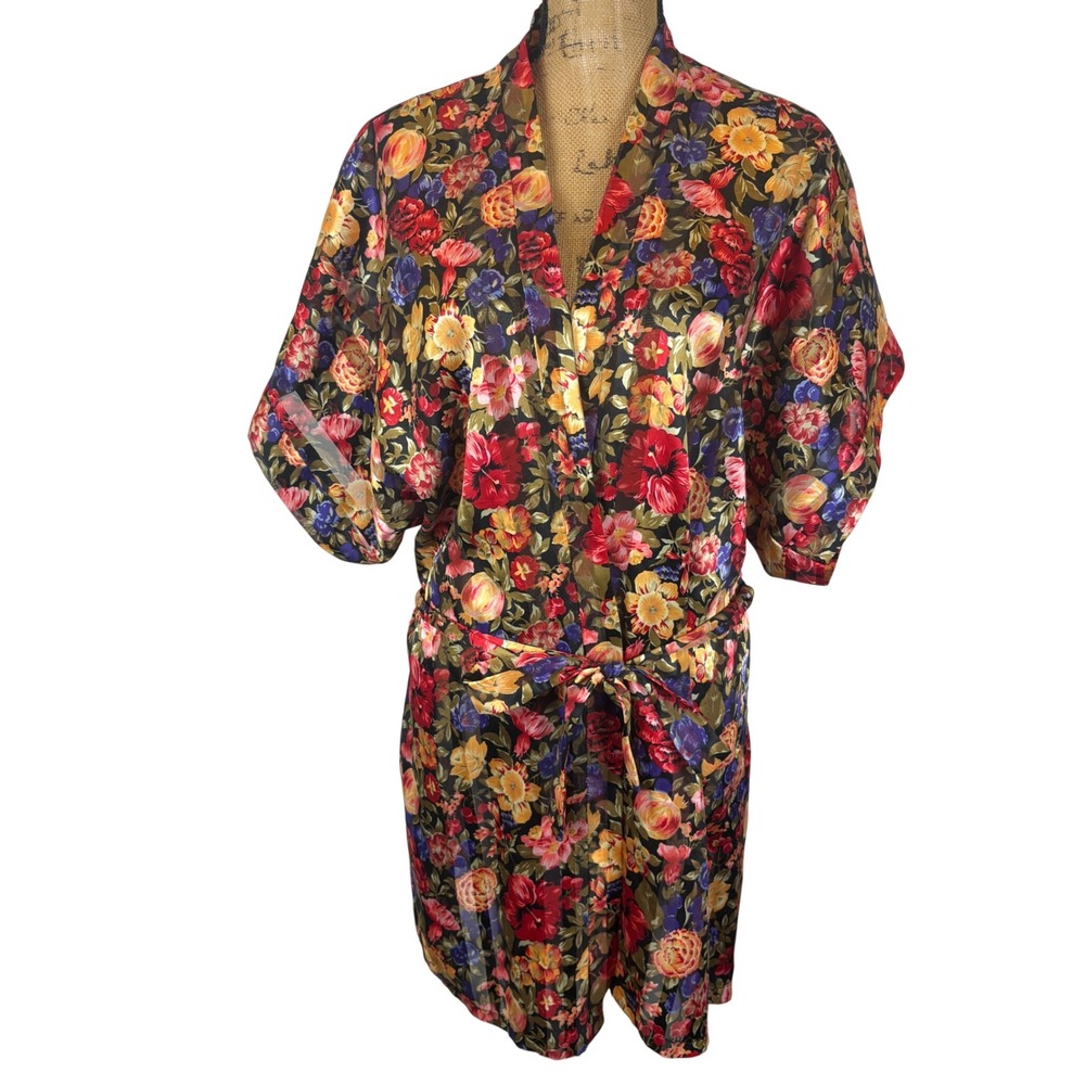 Circa 2000 Vintage Y2K Floral Kimono Robe Belted Tie Waist‎ Made in USA One Size